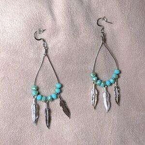 Boho Turquoise Beaded Dreamcatcher Feather Earrings